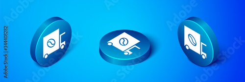 Isometric Coffee street truck machine icon isolated on blue background. Delivery coffee. Blue circle button. Vector Illustration