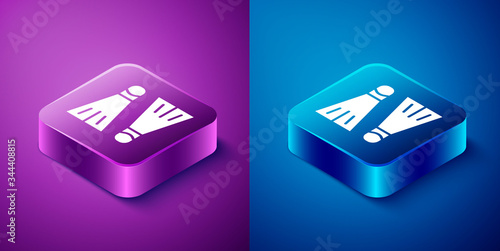 Isometric Rubber flippers for swimming icon isolated on blue and purple background. Diving equipment. Extreme sport. Sport equipment. Square button. Vector Illustration