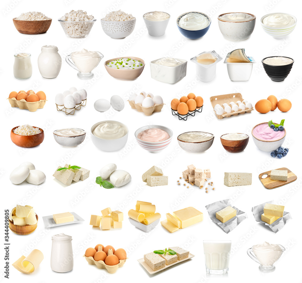 Set of different dairy products on white background Set of different dairy products on white background