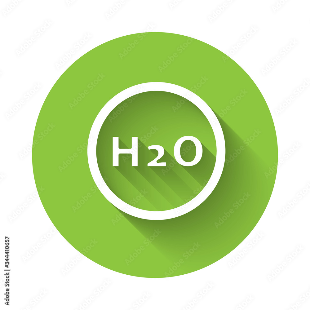White Chemical formula for water drops H2O shaped icon isolated with long shadow. Green circle button. Vector Illustration White Chemical formula for water drops H2O shaped icon isolated with long shadow. Green circle button. Vector Illustration