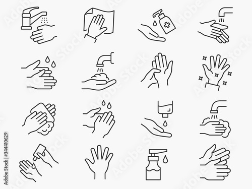 Hand washing line icons set. Black vector illustration. Editable stroke. photo