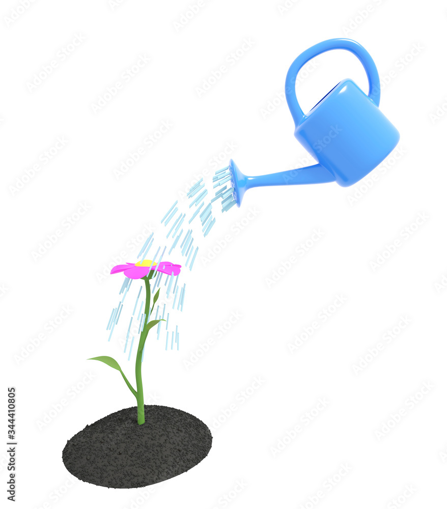 Obraz premium Watering a flower which grows on the dirty soil. Isolated on white background. 3D illustration