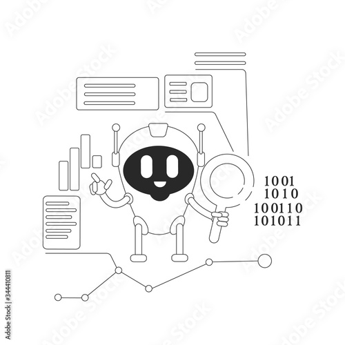 Web crawl bot thin line concept vector illustration. Algorithm robot 2D cartoon characters for web design. Business analytics, website development automated software creative idea