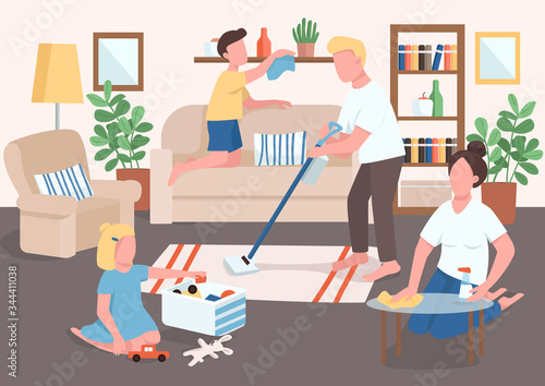 Parents and children cleaning flat color vector illustration. Kid tidying up toys. Mother wash furniture surfaces. Father and son do cleanup. Family 2D cartoon characters with interior on background