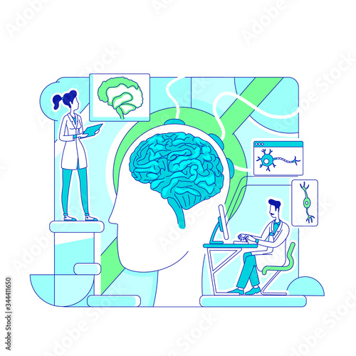 Brain study thin line concept vector illustration. Scientists, neurologists 2D cartoon characters for web design. Neuroscience laboratory, medical experiment. Human memory research creative idea