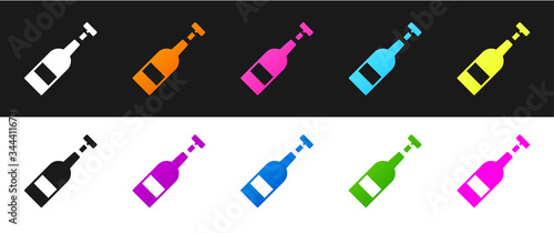 Set Opened bottle of wine icon isolated on black and white background. Vector Illustration