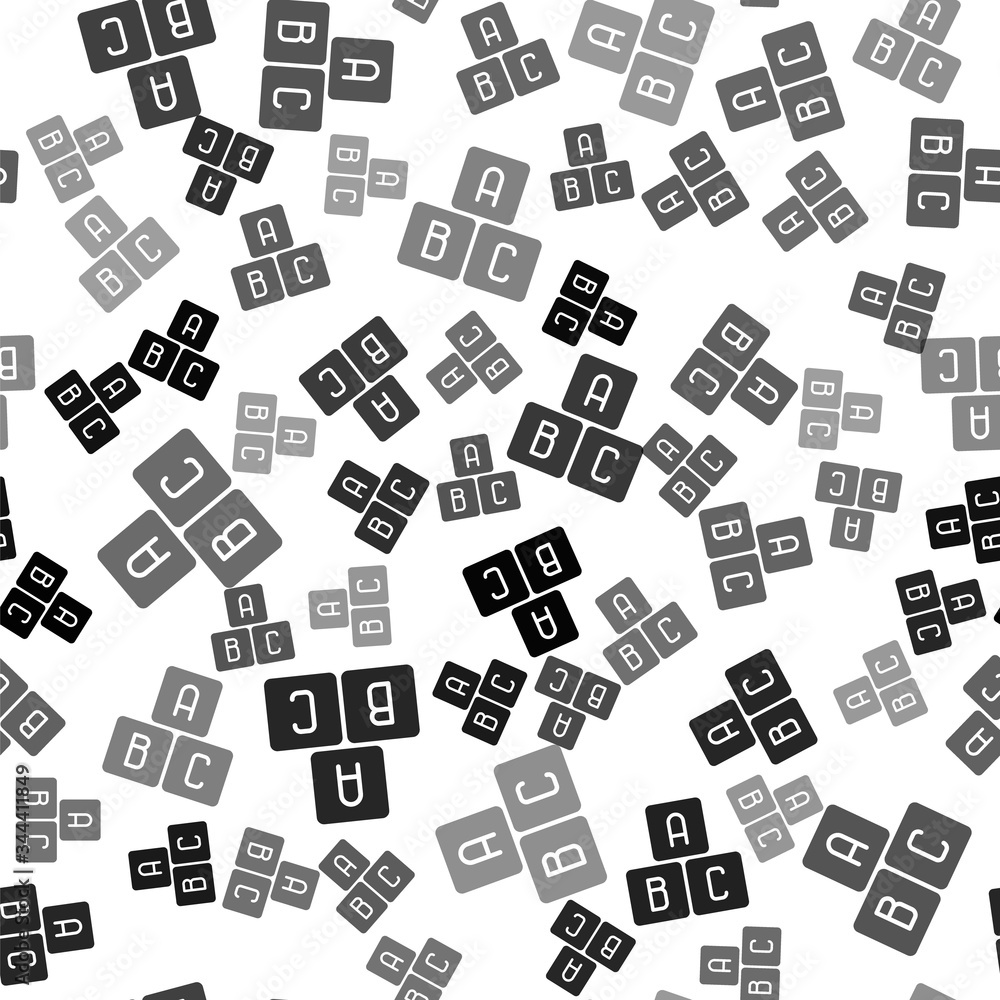 Black ABC blocks icon isolated seamless pattern on white background. Alphabet cubes with letters A,B,C. Vector Illustration