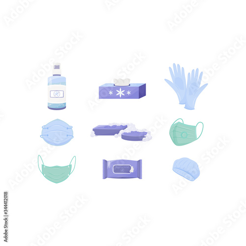 Personal hygiene and disinfection products flat color vector objects set. Respirators and gloves, disposable wipes and antiseptic spray 2D isolated cartoon illustrations on white background
