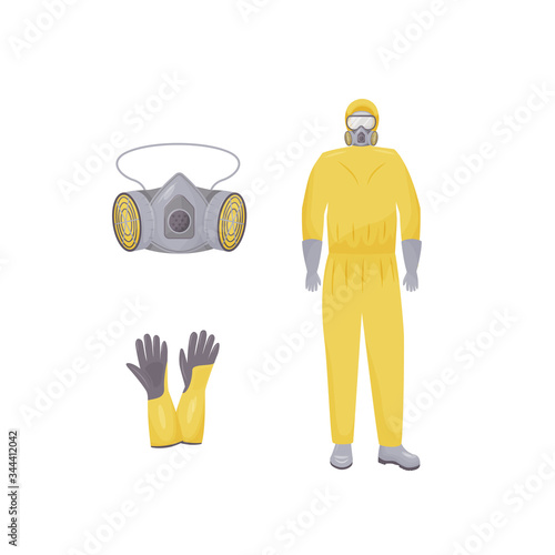 Protective suit, respirator and gloves flat color vector objects set. Radiation protection, healthcare. Personal protective equipment 2D isolated cartoon illustrations on white background