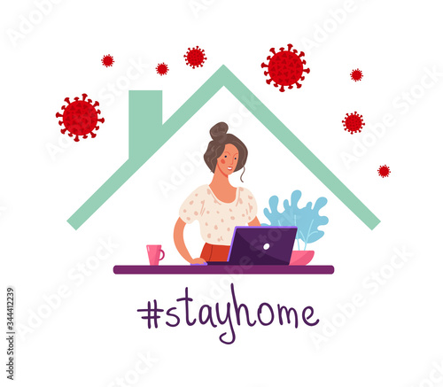 Poster stay home. Happy woman working remotely from home using a computer. The concept of working with digital technology and the Internet during the coronavirus epidemic. Vector flat illustration.
