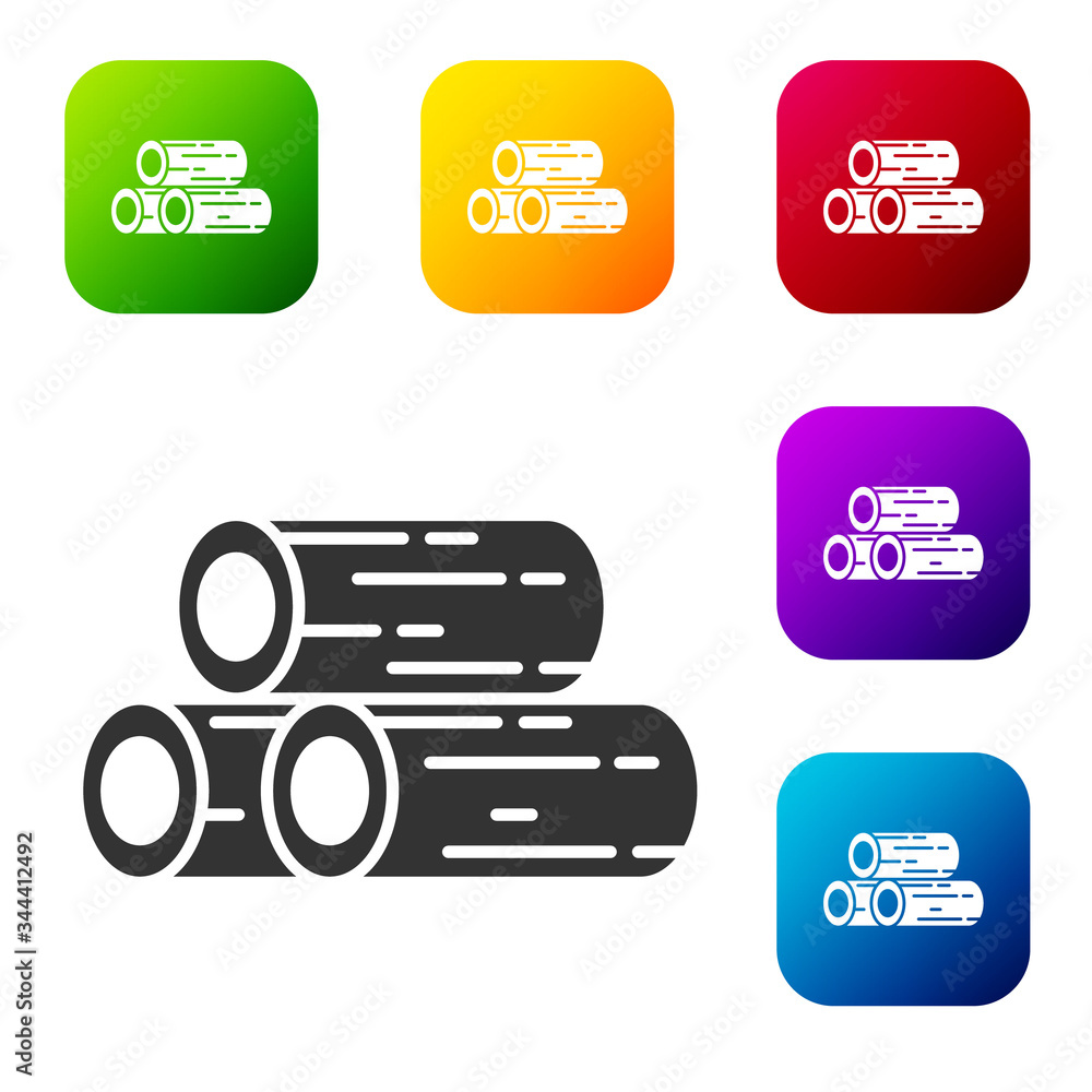 Black Wooden logs icon isolated on white background. Stack of firewood. Set icons in color square buttons. Vector Illustration Black Wooden logs icon isolated on white background. Stack of firewood. Set icons in color square buttons. Vector Illustration