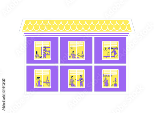 Office building flat color vector illustration. People on conference meeting. Colleagues on coffee break. Worker on computer. Employees 2D cartoon characters inside with interior on background