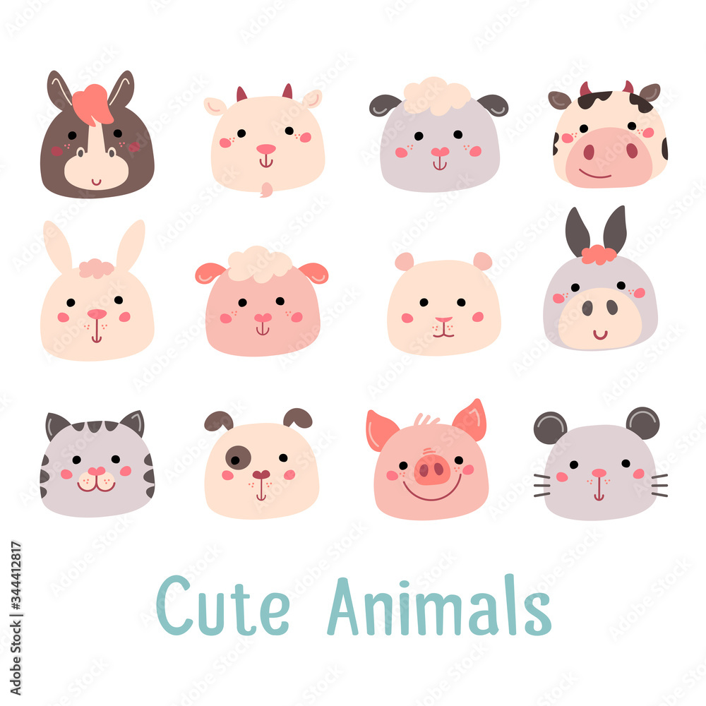 Cartoon farm animal pig, horse, sheep, cow, goat, rabbit, hamster, donkey, cat, dog, mouse. Emoticon set