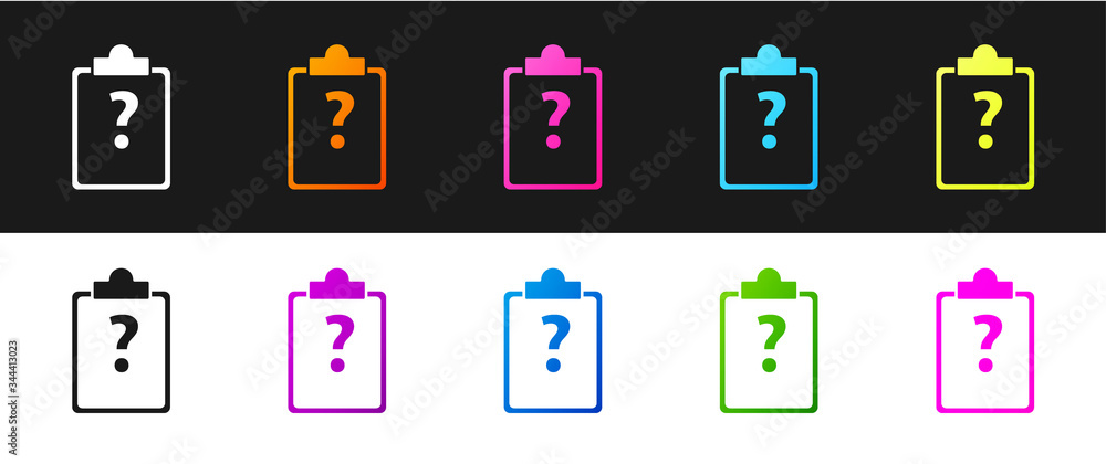 Set Clipboard with question marks icon isolated on black and white background. Survey, quiz, investigation, customer support questions concepts. Vector Illustration Set Clipboard with question marks icon isolated on black and white background. Survey, quiz, investigation, customer support questions concepts. Vector Illustration