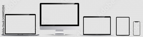 Realistic vector illustration. Device screens mockup. Monitor, laptop pro and thin, tablet and smartphone silver colors with blank screens for your design isolated on transparent background.