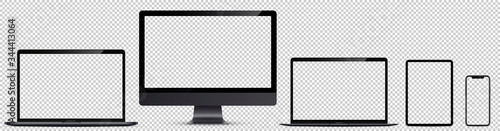 Realistic vector illustration. Device screens mockup. Monitor, laptop pro and thin, tablet and smartphone space gray colors with blank screens for your design isolated on transparent background.