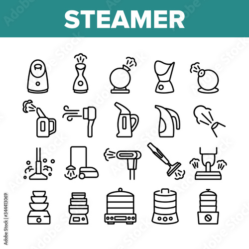 Steamer Domestic Tool Collection Icons Set Vector. Electric Food Cooking Multi Steamer, Vacuum Cleaner And Humidifier Equipment Concept Linear Pictograms. Monochrome Contour Illustrations