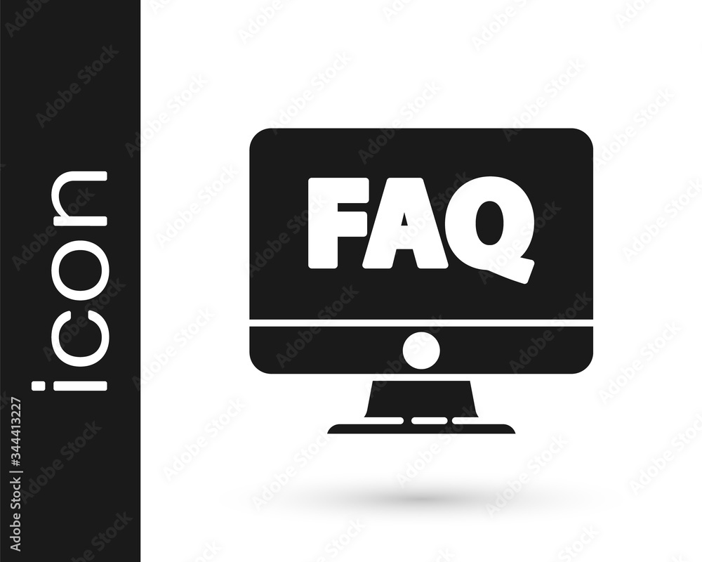 Grey Computer monitor and FAQ icon isolated on white background. Adjusting, service, setting, maintenance, repair, fixing. Vector Illustration Grey Computer monitor and FAQ icon isolated on white background. Adjusting, service, setting, maintenance, repair, fixing. Vector Illustration