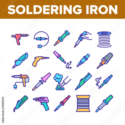 Soldering Iron Device Collection Icons Set Vector. Electronic Equipment And Reel With Metallic Material Cord For Soldering Concept Linear Pictograms. Color Illustrations