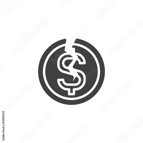 Financial crisis vector icon. filled flat sign for mobile concept and web design. Broken dollar coin glyph icon. Bankruptcy symbol, logo illustration. Vector graphics