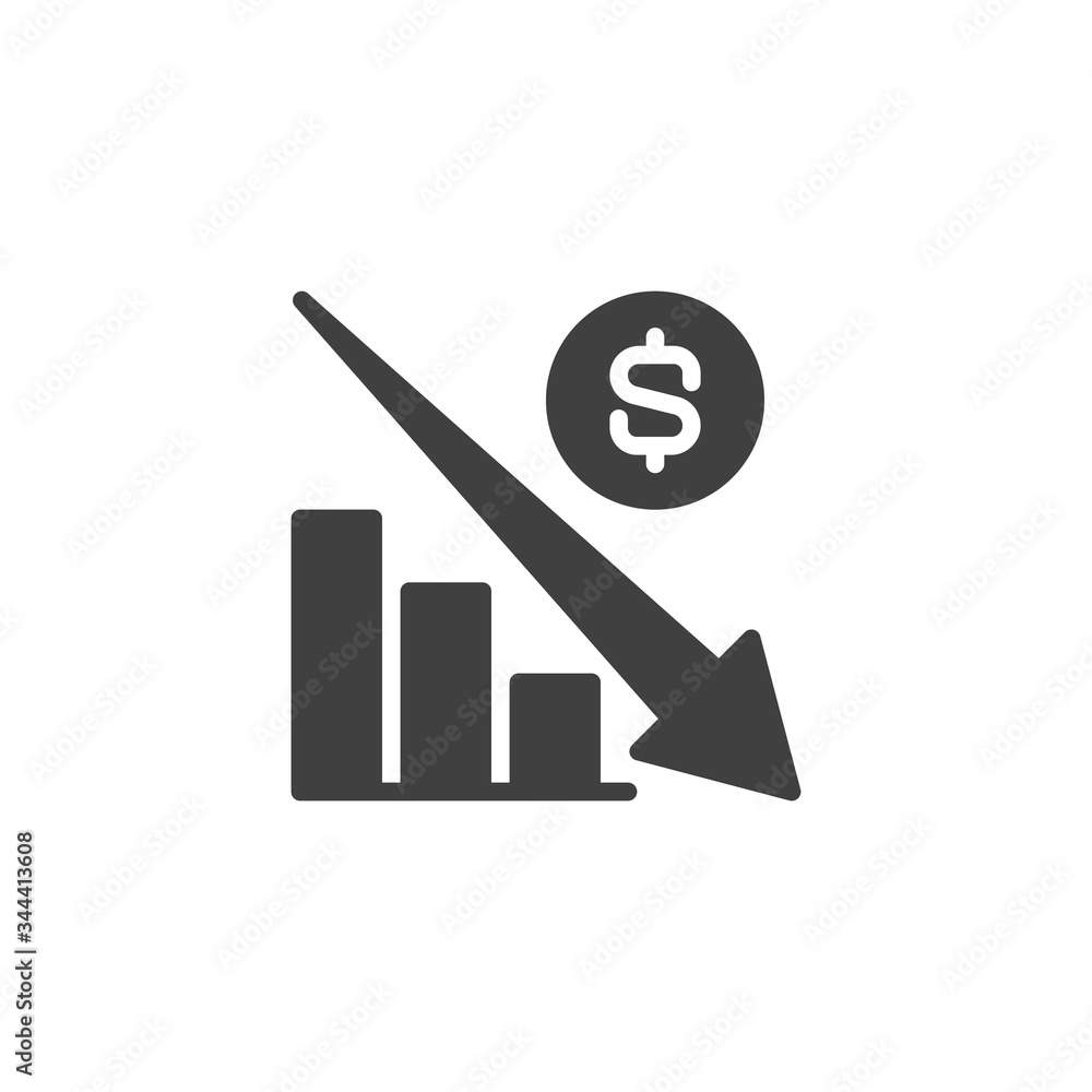 Financial crisis graph vector icon. filled flat sign for mobile concept and web design. Dollar rate decrease glyph icon. Symbol, logo illustration. Vector graphics Financial crisis graph vector icon. filled flat sign for mobile concept and web design. Dollar rate decrease glyph icon. Symbol, logo illustration. Vector graphics