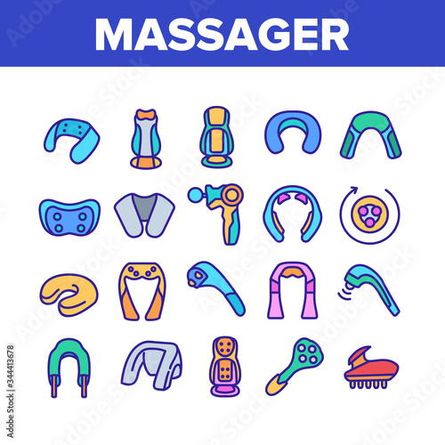 Shoulder Massager Collection Icons Set Vector. Body And Foot Massager Equipment For Relaxation, Electric Wearable Pulse Neck Device Concept Linear Pictograms. Color Illustrations