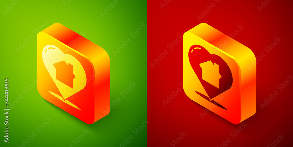 Isometric House with heart shape icon isolated on green and red background. Love home symbol. Family, real estate and realty. Square button. Vector Illustration Isometric House with heart shape icon isolated on green and red background. Love home symbol. Family, real estate and realty. Square button. Vector Illustration