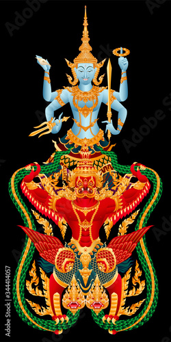 God Vishnu riding Lord Garuda Thai art style. Graphic vector