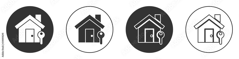 Black House with key icon isolated on white background. The concept of the house turnkey. Circle button. Vector Illustration Black House with key icon isolated on white background. The concept of the house turnkey. Circle button. Vector Illustration
