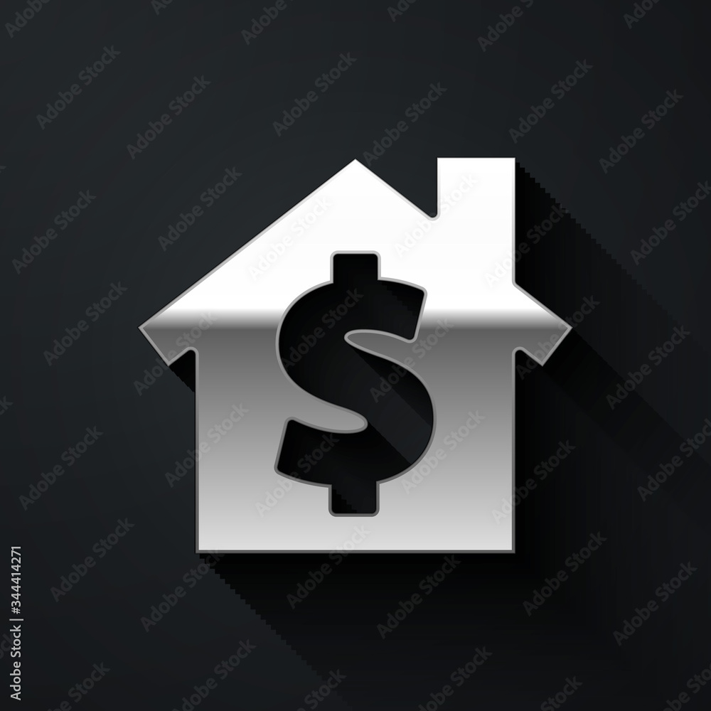 Silver House with dollar symbol icon isolated on black background. Home and money. Real estate concept. Long shadow style. Vector Illustration Silver House with dollar symbol icon isolated on black background. Home and money. Real estate concept. Long shadow style. Vector Illustration