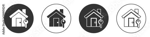 Black House with key icon isolated on white background. The concept of the house turnkey. Circle button. Vector Illustration