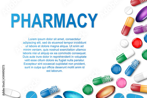 Medical banner with pills and capsule background. Pharmacy Poster with painkiller capsules, vitamins and medical drug. Vector illustration