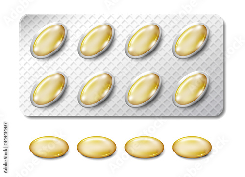 Transparent yellow capsule of drug in blister packaging. Realistic vitamin or fish oil vector illustration. capsule translucent pharmaceutical vector illustration