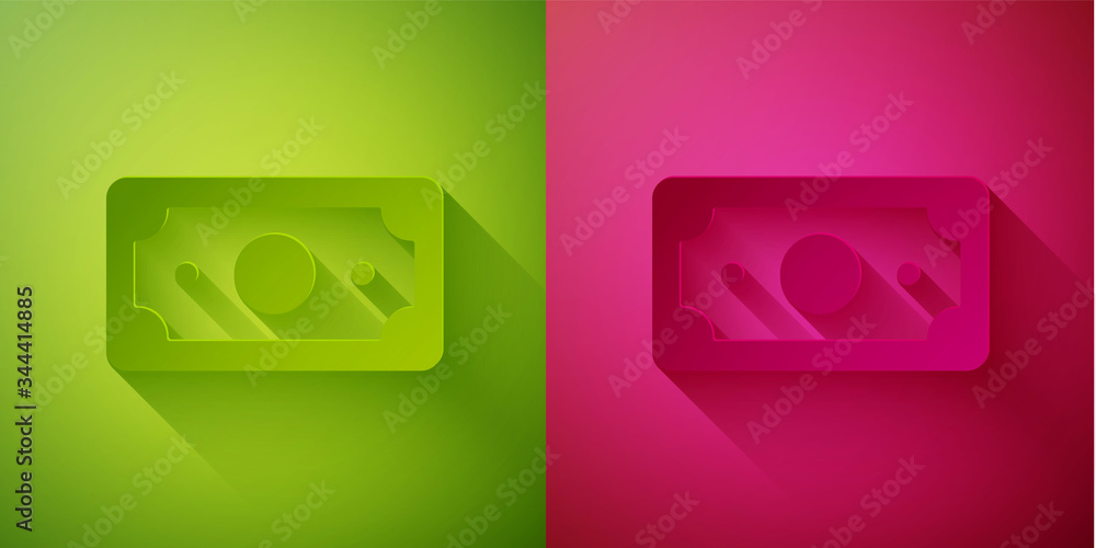 Paper cut Stacks paper money cash icon isolated on green and pink background. Money banknotes stacks. Bill currency. Paper art style. Vector Illustration Paper cut Stacks paper money cash icon isolated on green and pink background. Money banknotes stacks. Bill currency. Paper art style. Vector Illustration
