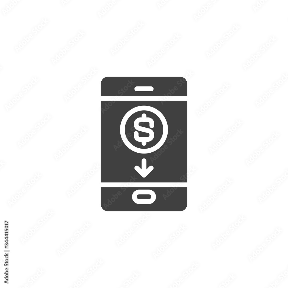 Online dollar rate vector icon. filled flat sign for mobile concept and web design. Mobile phone with dollar decrease glyph icon. Symbol, logo illustration. Vector graphics Online dollar rate vector icon. filled flat sign for mobile concept and web design. Mobile phone with dollar decrease glyph icon. Symbol, logo illustration. Vector graphics