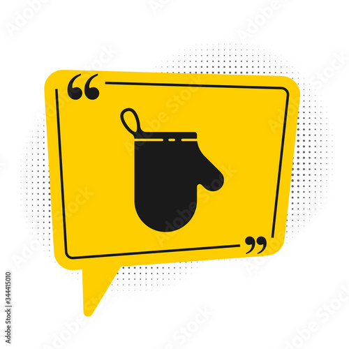 Black Oven glove icon isolated on white background. Kitchen potholder sign. Cooking glove. Yellow speech bubble symbol. Vector Illustration