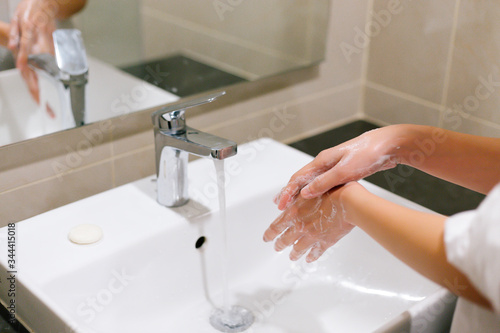 Washing hands rubbing with soap for corona virus prevention  hygiene to stop spreading coronavirus.