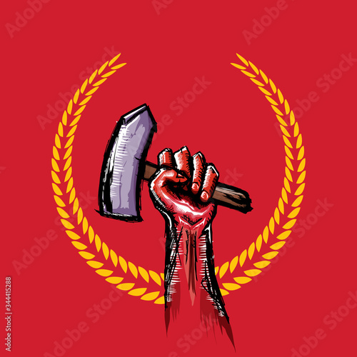 Vector red protest fist holding hammer isolated on red background. 1 may Labor day concept illustration with hand drawn doodle fist with claw hammer