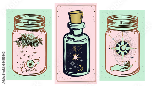 magic jars with esoteric patterns, space magic in a bulb Mystical drawing: human hands hold the moon. Sacred geometry. ector illustration Print, potser, t-shirt, card.