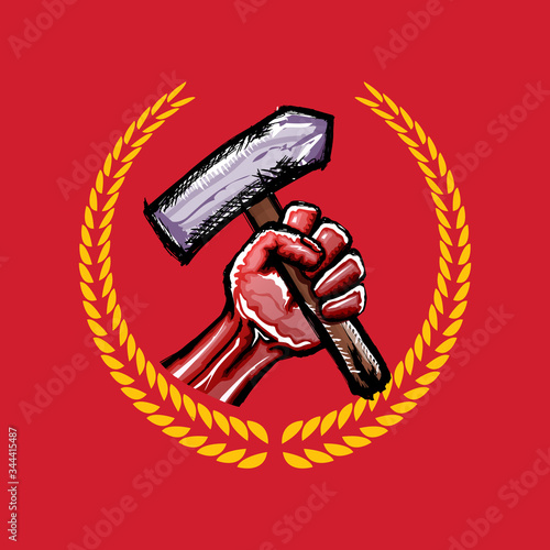 Vector red protest fist holding hammer isolated on red background. 1 may Labor day concept illustration with hand drawn doodle fist with claw hammer