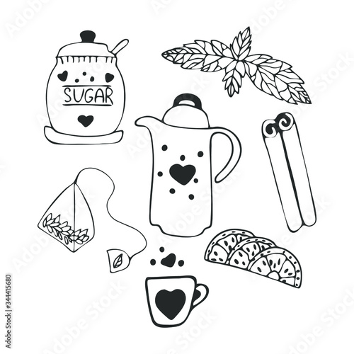 Hand drawn set of tea. Sketch. Tea bag, sugar, mint, cup, tea pot, cinnamon. Vector.