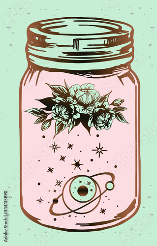 magic jars with esoteric patterns, space magic in a bulb Mystical drawing: human hands hold the moon. Sacred geometry. ector illustration Print, potser, t-shirt, card.