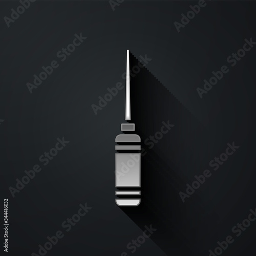 Silver Awl tool with wooden handle icon isolated on black background. Work equipment tailor industry. Long shadow style. Vector Illustration