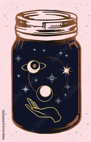 magic jars with esoteric patterns, space magic in a bulb Mystical drawing: human hands hold the moon. Sacred geometry. ector illustration Print, potser, t-shirt, card.