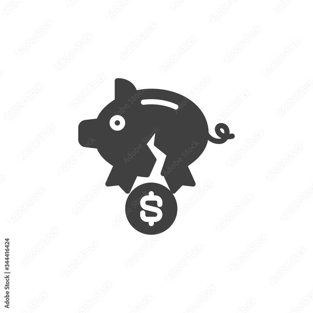 Broken piggy bank and coin vector icon. filled flat sign for mobile concept and web design. Financial crisis glyph icon. Symbol, logo illustration. Vector graphics Broken piggy bank and coin vector icon. filled flat sign for mobile concept and web design. Financial crisis glyph icon. Symbol, logo illustration. Vector graphics
