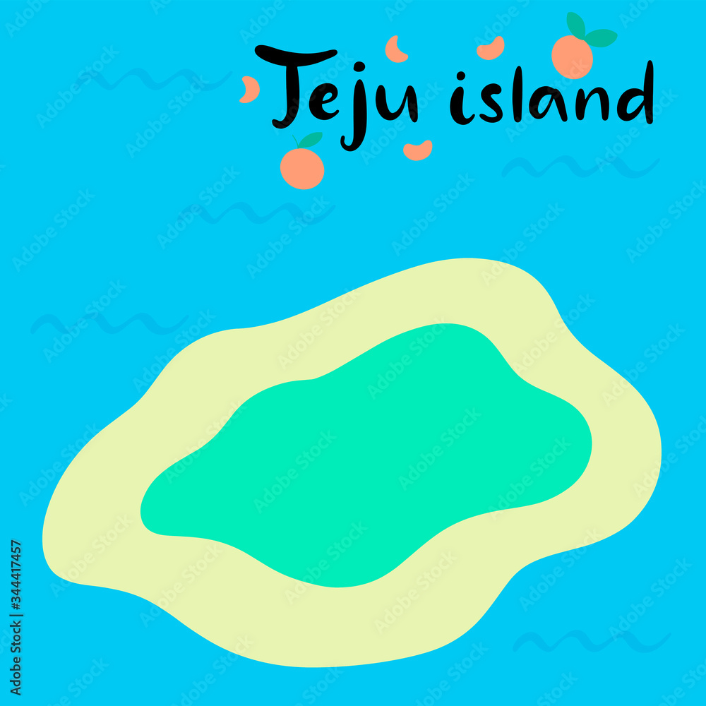Jeju Korean island vector illustration. Travel to South korea. Welcome to Jeju in Korean language. Vacation in Asia. Flat abstract map. Aunt divers in the sea.