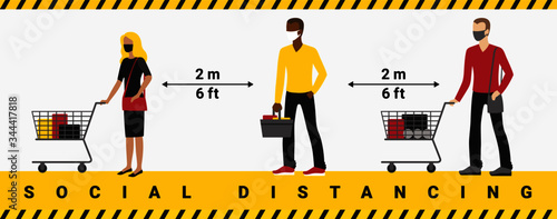 Social distancing and coronavirus covid-19 prevention. Keep at least two metres away from other people to protect yourself from catching coronavirus at supermarket.