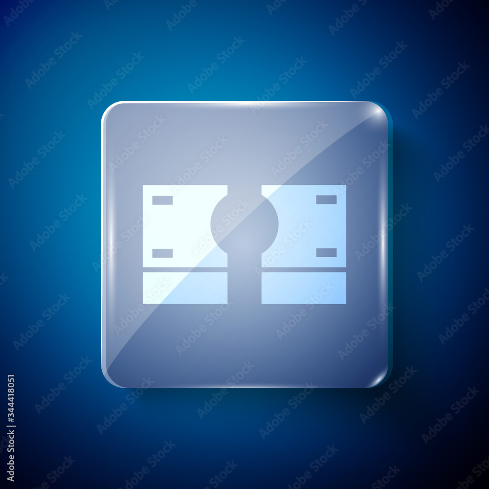 White Stacks paper money cash icon isolated on blue background. Money banknotes stacks. Bill currency. Square glass panels. Vector Illustration White Stacks paper money cash icon isolated on blue background. Money banknotes stacks. Bill currency. Square glass panels. Vector Illustration