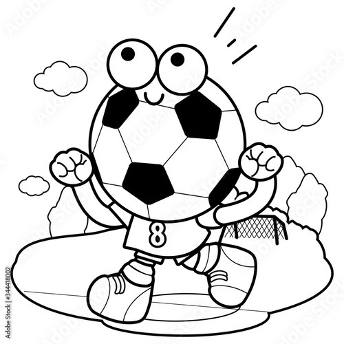 Cartoon soccer ball character running and cheering on the football field. Vector black and white coloring page