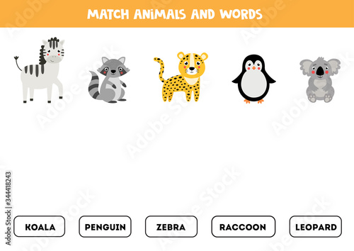 Match animal and word. English grammar game for children.